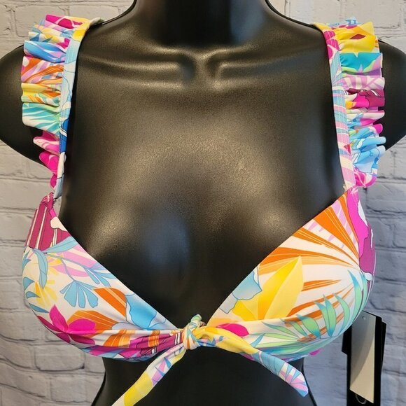 California Waves Juniors' Printed Ruffle-Trim Underwire Bikini Top - Picture 1 of 6